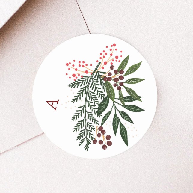 Monogram Poinsettia Christmas Holiday Watercolor Classic Round Sticker (Creator Uploaded)