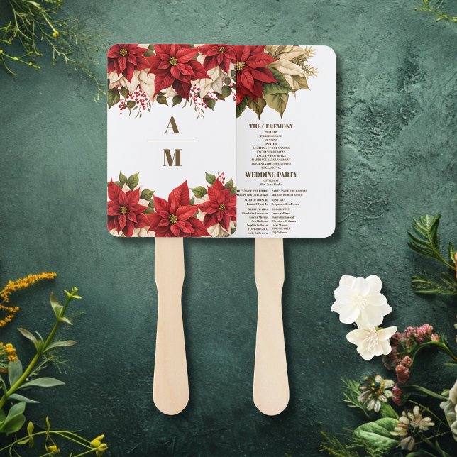 Monogram Poinsettia Floral Christmas Wedding Hand Fan (Creator Uploaded)