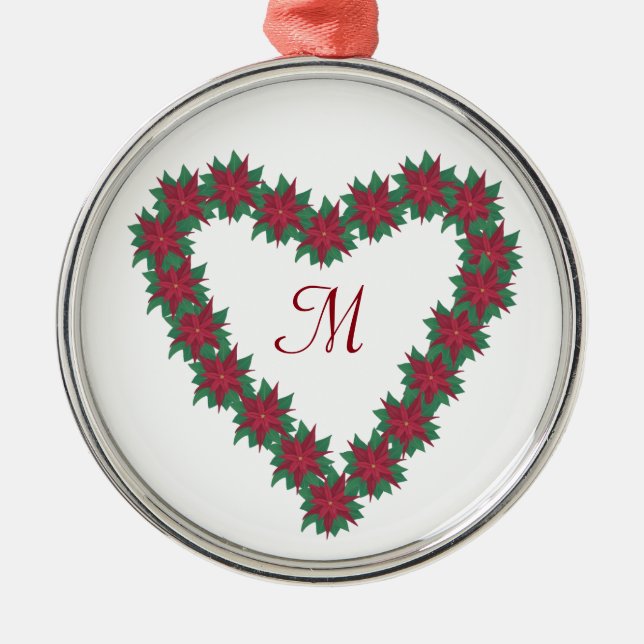 Monogram Poinsettia Heart Christmas Ornaments (Front)