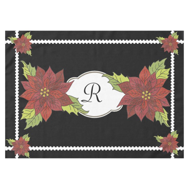 Monogram Poinsettias on Black Holiday Tablecloth (Front (Horizontal))