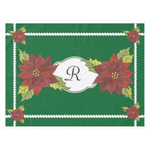 Monogram Poinsettias on Green Holiday Tablecloth