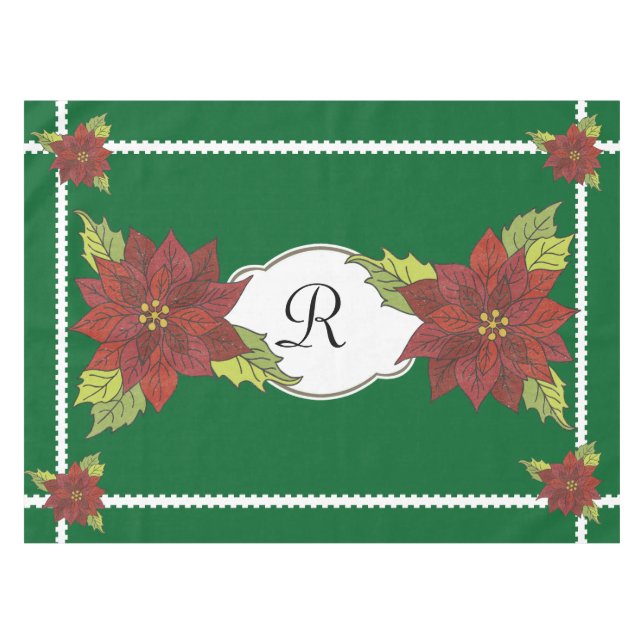Monogram Poinsettias on Green Holiday Tablecloth (Front (Horizontal))