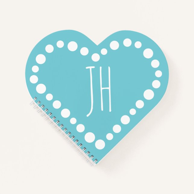 Monogram Polka Dot Heart Teal Blue Spiral Notebook (Front)