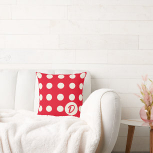 Monogram Polka Dots in Soft White on Bright Red Cushion