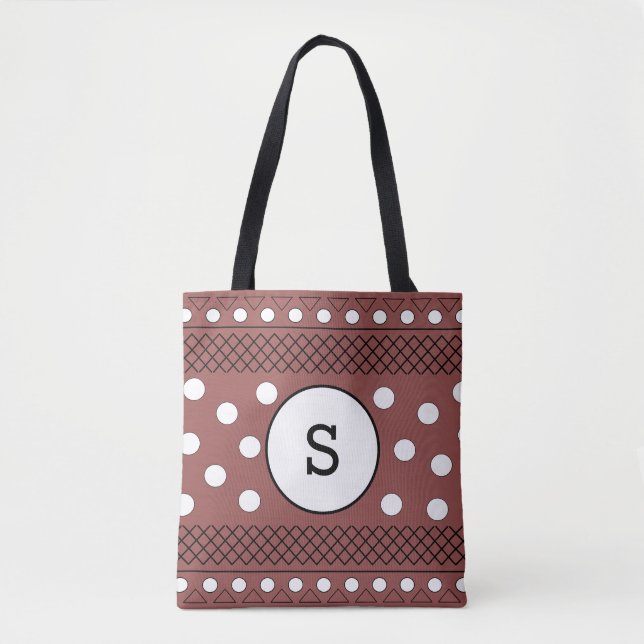 Monogram Polka Dots Pattern Maroon Tote Bag (Front)
