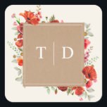 Monogram Poppy Wildflower Cardstock Wedding  Squar Square Sticker<br><div class="desc">Wildflower poppy design over off white background.  Flowers are arranged around cardstock inspired square with white text.</div>