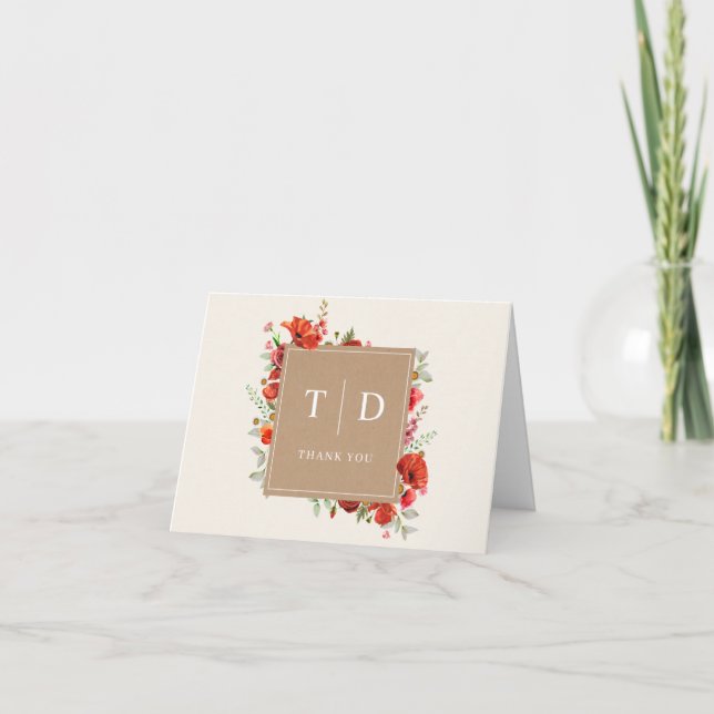 Monogram Poppy Wildflower Cardstock Wedding Thank  You Card (Front)