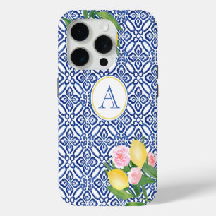 Monogram Positano Lemons Blue White Italian Tiles iPhone 15 Pro Case