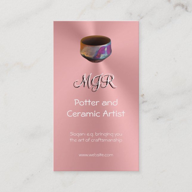 Monogram, Potter, Ceramic Artist, pink chrome-look Business Card (Front)
