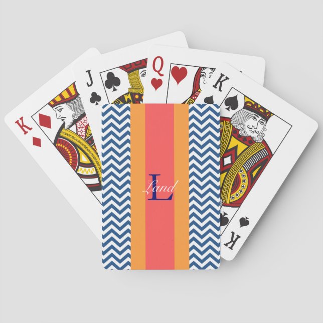 Monogram Preppy Blue Chevron Playing Cards (Back)
