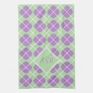 Monogram Preppy Purple Mint Argyle Kitchen Towels
