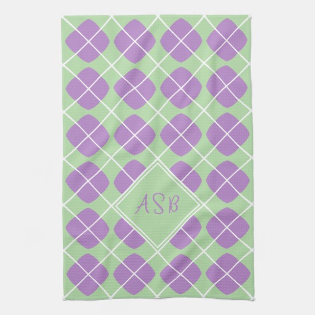 Monogram Preppy Purple Mint Argyle Kitchen Towels (Vertical)