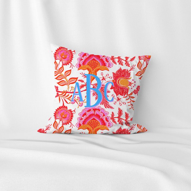 Monogram Preppy Vintage Flowers | Pink & Orange Cushion (Creator Uploaded)