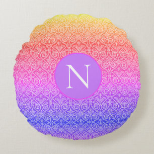 Monogram Pretty Damask Rainbow Pattern Modern Round Cushion