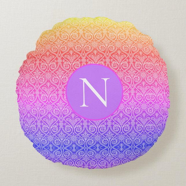 Monogram Pretty Damask Rainbow Pattern Modern  Round Cushion (Front)