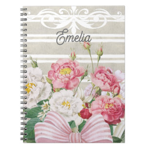 Monogram pretty floral Dusty stripes Grey pink Notebook