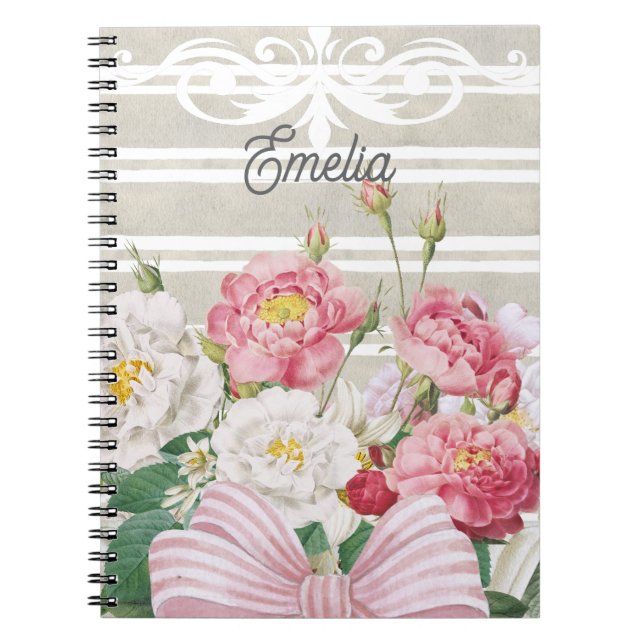 Monogram pretty floral Dusty stripes Grey pink Notebook (Front)