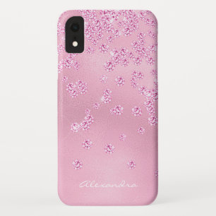 Monogram Pretty Girly Pink Diamond Bling Confetti iPhone XR Case