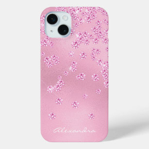 Monogram Pretty Girly Pink Diamond Bling Confetti iPhone 15 Mini Case