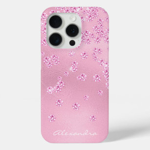 Monogram Pretty Girly Pink Diamond Bling Confetti iPhone 15 Pro Case