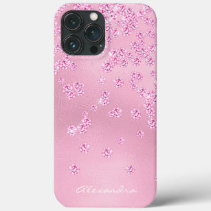 Monogram Pretty Girly Pink Diamond Bling Confetti iPhone 13 Pro Max Case
