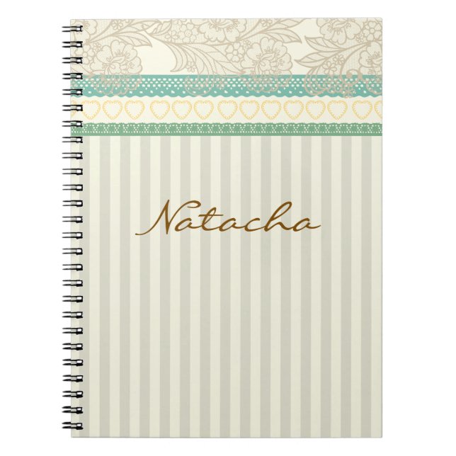 Monogram pretty pastel lace with stripes collage notebook (Front)