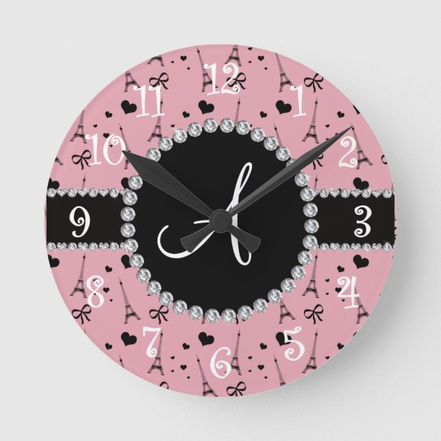 Monogram pretty pink eiffel tower pattern round clock (Front)