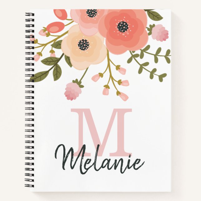 Monogram Pretty Pink Floral Greenery Notebook (Front)