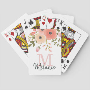 Monogram Pretty Pink Floral Greenery Playing Cards