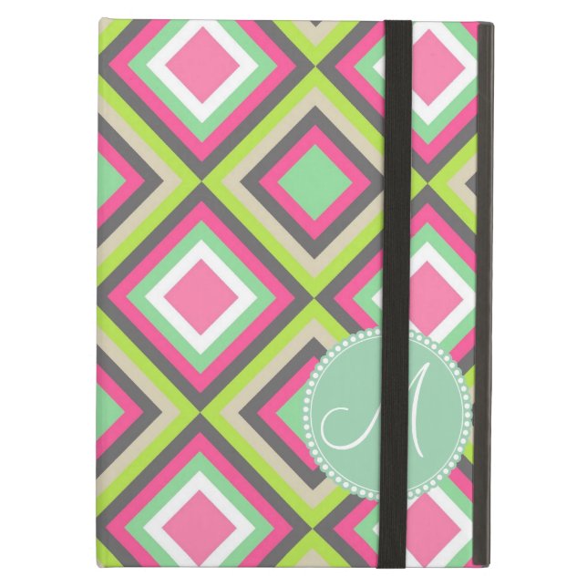 Monogram Pretty Pink Green Grey Diamonds Square iPad Air Case (Front Closed)