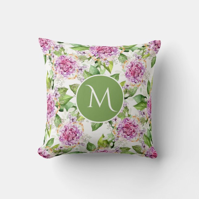 Monogram Pretty Purple Green Watercolor Floral Cushion (Front)