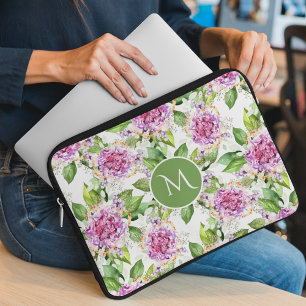 Monogram Pretty Purple Green Watercolor Floral Laptop Sleeve