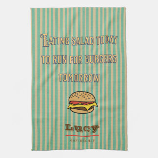 Monogram pretty retro pattern with cute hamburger tea towel