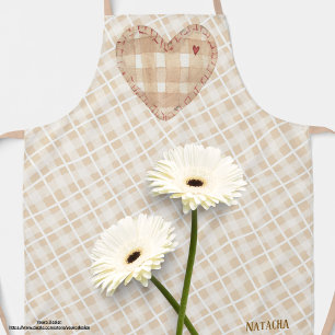 Monogram Pretty rustic heart and tartan Brown Apron