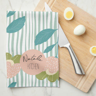 Monogram pretty stylish Script Retro Floral blue Tea Towel