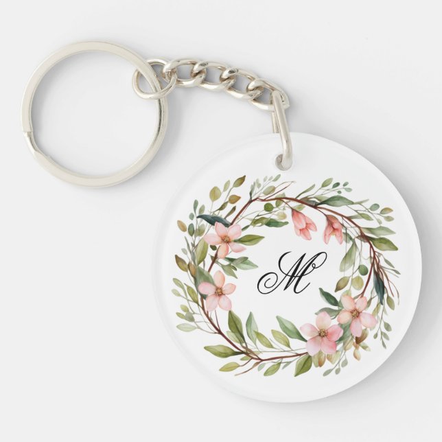 Monogram Pretty Twig and Wildflower Wreath Key Ring (Front)