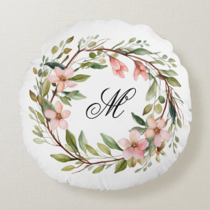Monogram Pretty Twig and Wildflower Wreath Round Cushion