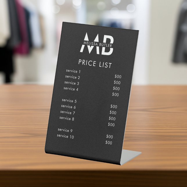 Monogram Price List Service Minimalist Black Pedestal Sign (Creator Uploaded)