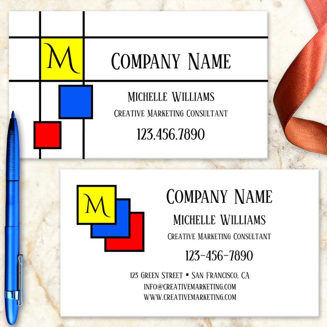 Monogram Primary Colours Marketing Business Card (Business card featuring a Mondrian inspired design in primary colors)