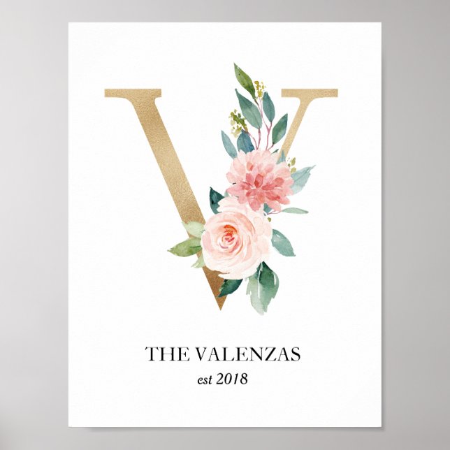 Monogram Print, Letter V, Wedding Gift, Nursery Poster (Front)