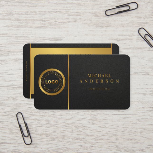 Monogram Professional Luxe Dark & Gold Circle Logo Business Card (Front/Back In Situ)