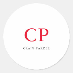 Monogram Professional Plain Red White Initials Classic Round Sticker
