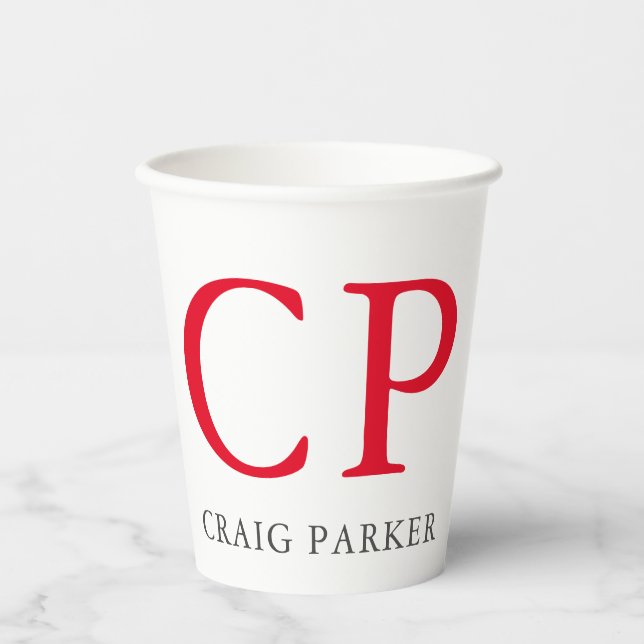 Monogram Professional Plain Red White Initials Paper Cups (Front)