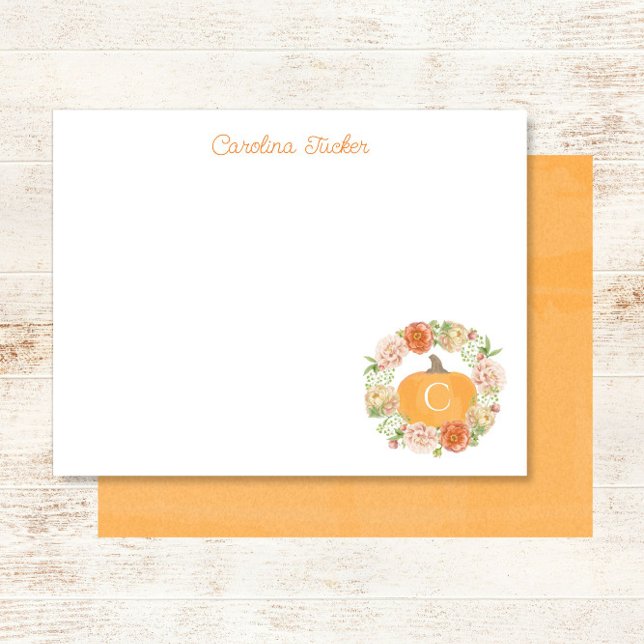 Monogram Pumpkin Fall Floral Wreath Stationery Card (Creator Uploaded)