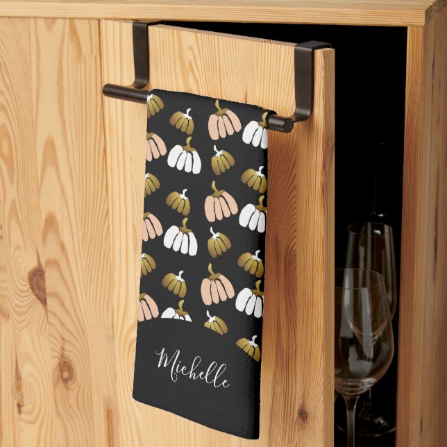 Monogram Pumpkin In Black, Blush, White, Gold Tea Towel (Thirds Fold)
