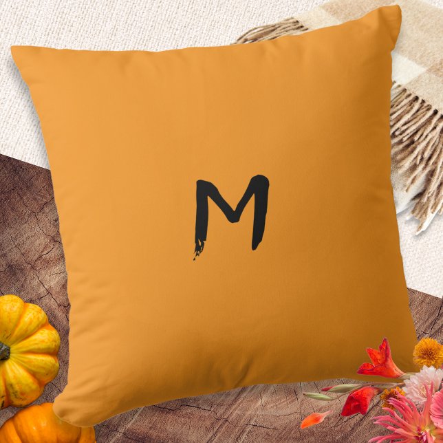 Monogram Pumpkin Orange Thanksgiving Fall Autumn Cushion (A monogrammed pillow cushion in a warm pumpkin orange color, for Fall and Thanksgiving)