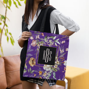 Monogram, Purple 1600s Fine Art Florals Tote Bag