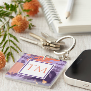 Monogram Purple and Coral Abstract Key Ring
