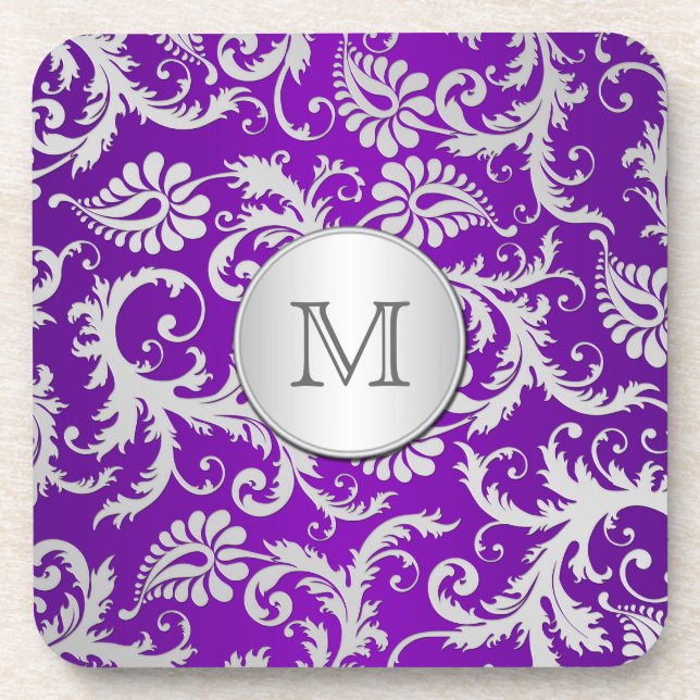 Monogram Purple and Silver Damask Coaster Set (6) (Front)