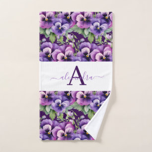 Monogram Purple and White Pansy Pansies Towel Set
